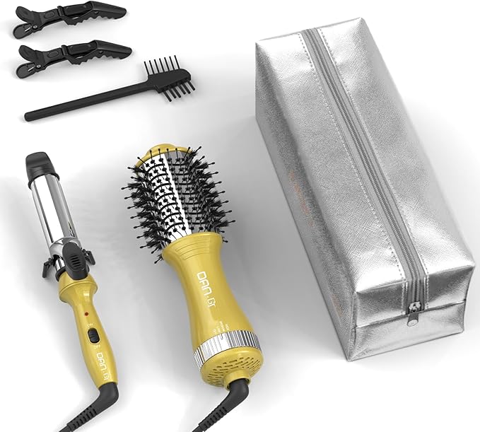 DAN Technology Hair Dryer Brush & Mini Curling Wand Set - 1 Inch Travel Set with 3 Temperature Settings - Hot Air Brush for Drying, Styling, Curling, and Volumizing