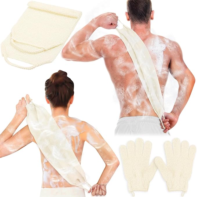 Anezus Exfoliating Back Scrubber Bath Gloves Set, Exfoliating Shower Towel with Shower Gloves for Body Scrub, Back Cleaner Wash Gloves to Remove Dead Skin (Beige)