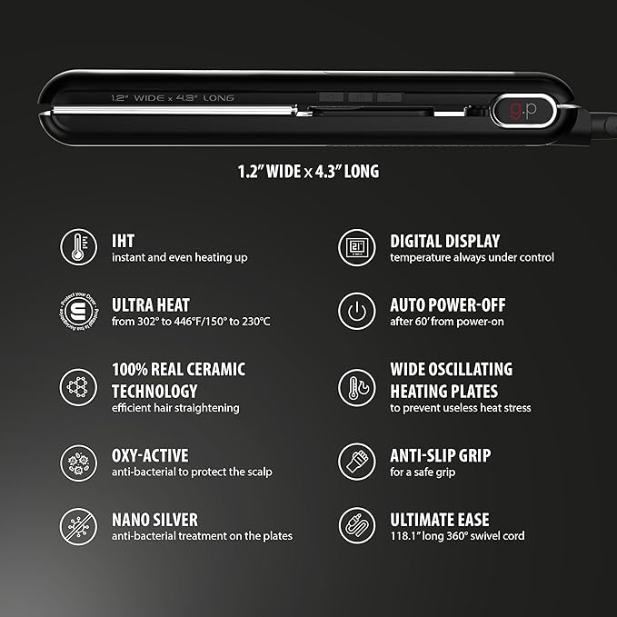 GA.MA G-EVO Vera Ceramic Flat Iron, 1.2 Inch, Adjustable 302F-446F, Oxy Active Technology, Ultra Heat & Auto Shut-Off, 100% Ceramic Plates