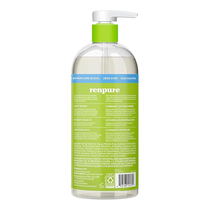 Renpure Kiwi and Hyaluronic Acid Ultra Hydrating Body Wash - Leaves Skin Moisturized - Rids Skin of Daily Grime - Gentle Formula - Dye and Paraben Free - Recyclable, Pump Bottle Design - 24 fl oz
