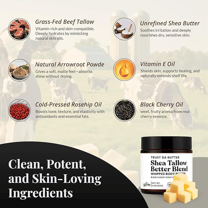 Beef Tallow for Skin – Whipped Moisturizer – 100% Grass-Fed, Organic Shea Butter, Rosehip oil & Vitamin E – Deep Eczema Relief, Face & Body, Black Cherry, 3oz – Made in USA