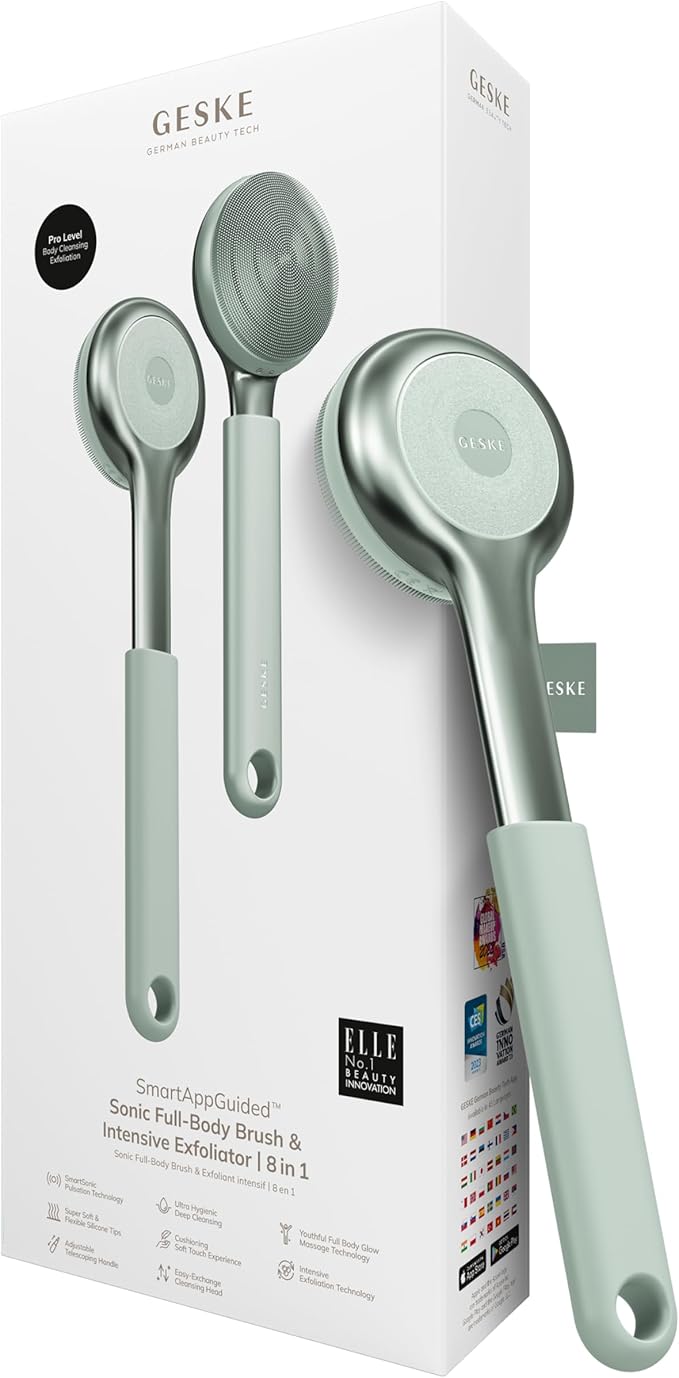 GESKE Sonic Full-Body Brush & Intensive Exfoliator | 8 in 1 | Electric Body Cleansing Brush | With SmartSonic Pulsations | Deep Cleansing, Exfoliation, Massage | Extendable Handle | Rough Skin Remover