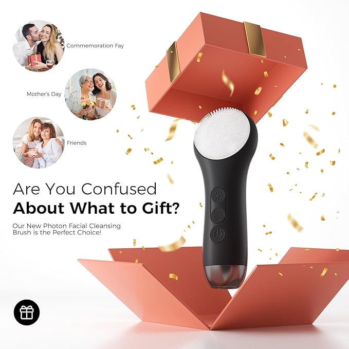 Facial Cleansing Brush Electric Face Scrubber - Rechargeable Face Cleansing Brush with 4 LED Gentle Light Silicone Heat and Vibration Exfoliator Massage Deep Cleansing,IPX7 Waterproof,Ideal Gift﻿