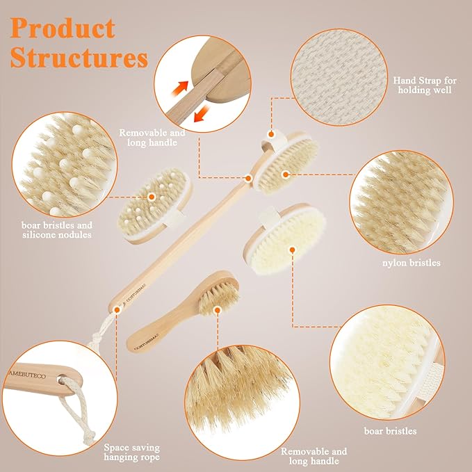 5 Packs Dry Brushing Set Natural Body Brush Wood Long Handle with 3 Detachable Heads, 1 Face Brush,Natural Boar Bristle Exfoliator for Lymphatic Drainage and Cellulite,Back Scrubber