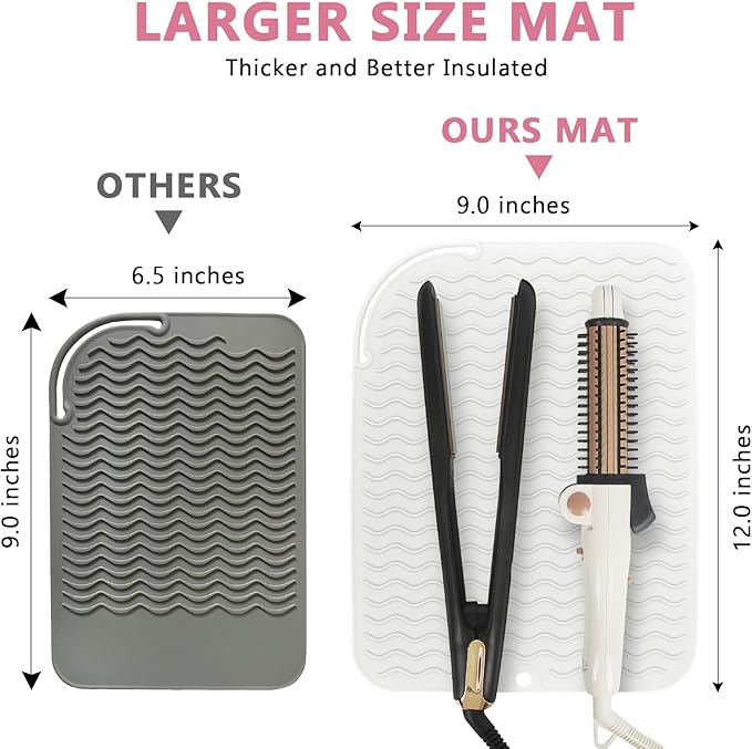 Larger Size Silicone Heat Resistant Mat for Curling Irons, Flat Irons, Hair Straightener and Other Hair Styling Tools, Portable Hot Tools Pad Cover for Travel Vanity Salon(12.0" x 9.0")