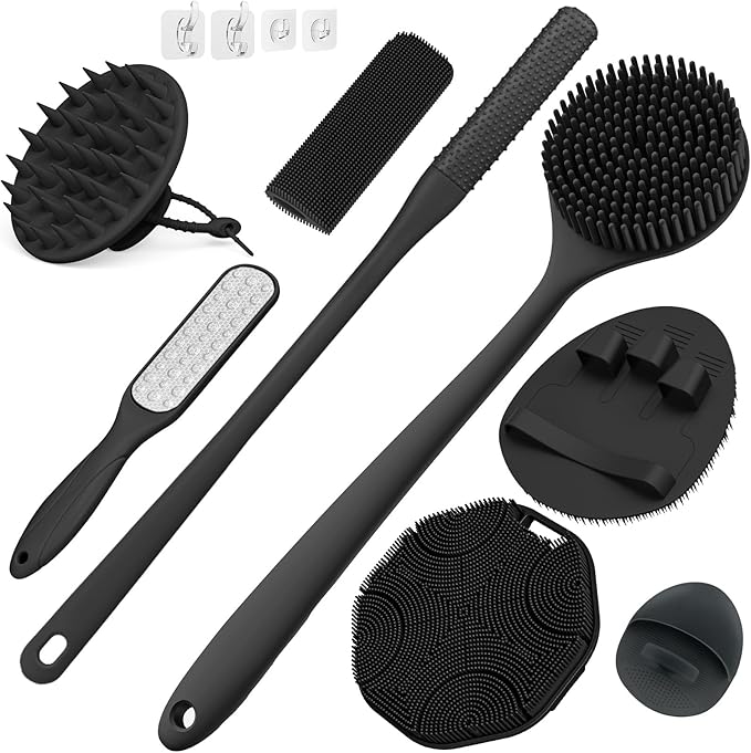 Manmihealth Silicone Back Scrubber & Soft Shower Brush, Silicone Scalp Massager, Toe Cleaning Brush Set 8 PCS, Body Foot Scrubber & Shampoo Brush Combination, with 4 Free Hooks (Style 1 Black)