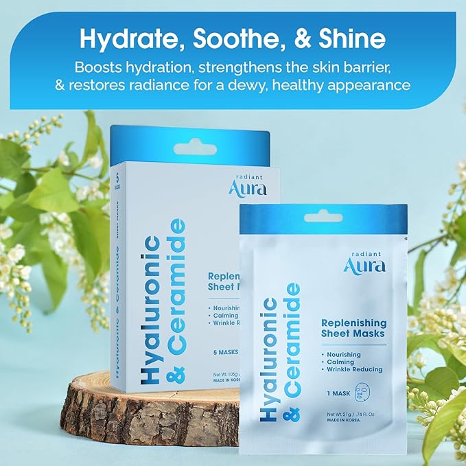 Hyaluronic and Ceramide Sheet Mask - Korean Face Mask for Hydrated and Soft - Looking Skin - Collagen Facial Mask for Calming & Smoothing – Pack of 15