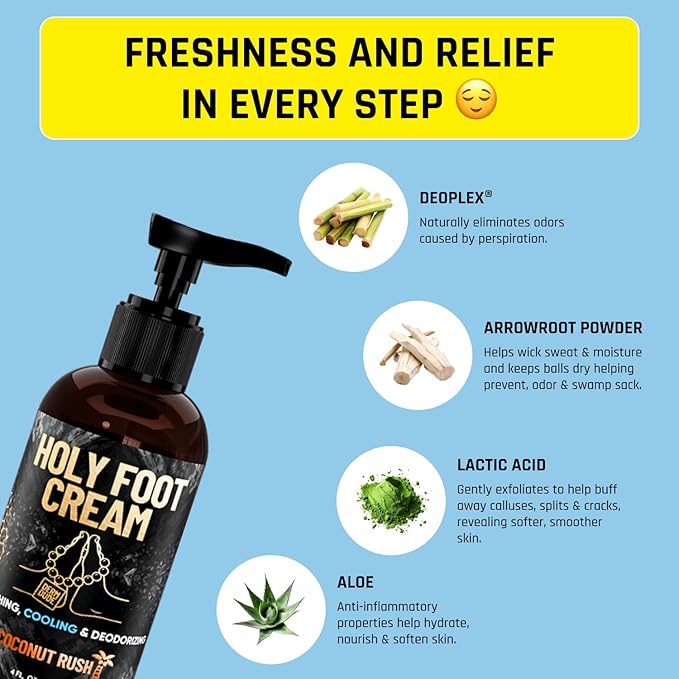 Derm Dude Holy Foot Cream for Dry Cracked Heels and Feet | Moisturizing Lotion Formulated w/All-Natural DeoPlex for Odor Control & Arrowroot for Deep Hydration - Coconut Rush Scent 4oz (1 pack)