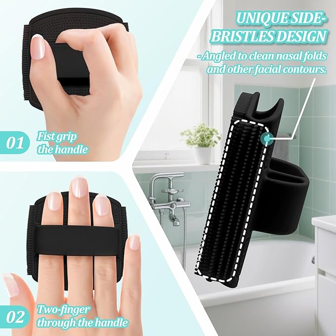 Silicone Back/Face Scrubber & Bath Glove Set 3PCS, Extendable Back Scrubber with Dual-Side Large Head, 360° Anti-Slip Bath Glove, Unique Side-bristle Face Scrubber for All-round Cleaning(Black)