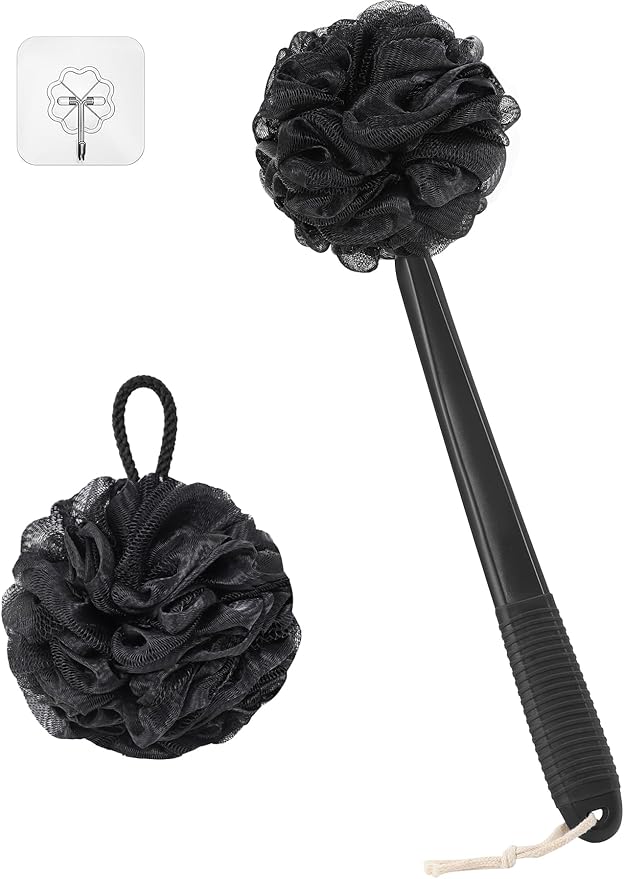 Non-Slip Back Scrubber with 17" Plastic Handle - Hand Shower Loofah & Loofah on a Stick Set, Black