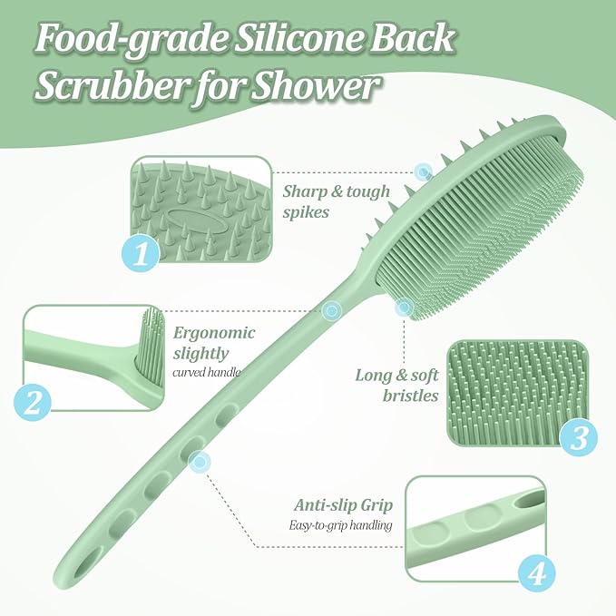 Silicone Back/Body/Face Scrubber & Soft Bath Glove Set 4PCS, Gentle Exfoliating Back & Body Scrubber with Dual-Side Brush Head, Hand-fit Bath Glove & Face Scrubber for Deep Cleaning(Green-4PC)