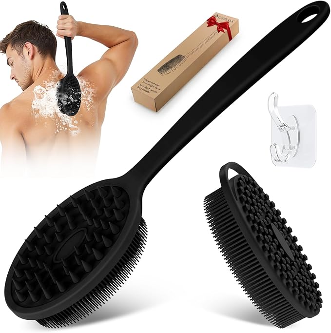 Silicone Back & Body Scrubber Set 2PCS, 13.4'' Gentle Exfoliating Back Scrubber with Dual-Side Head and Non-Slip Handle, Hygienic Silicone Loofah with Soft Bristles and Massage Dots(Black-2PC)