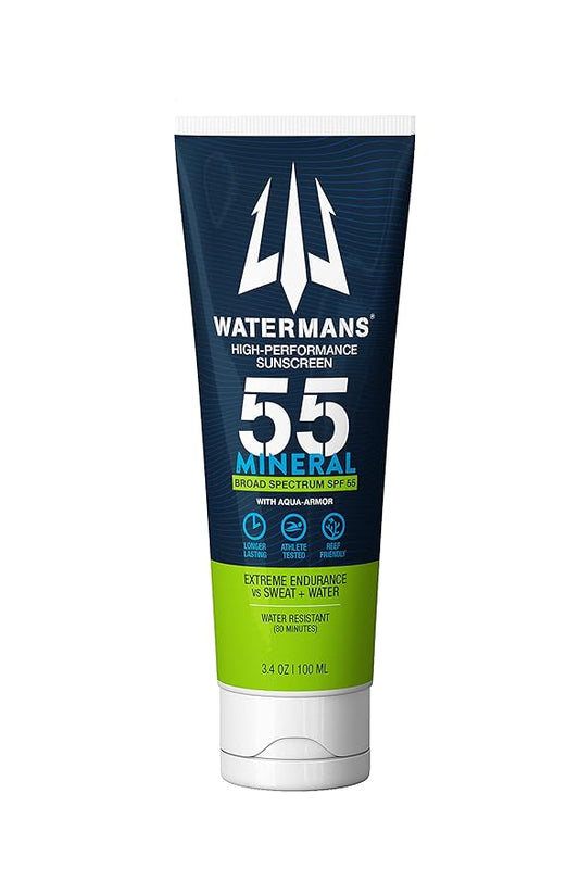 Watermans Mineral SPF 55 Sunscreen with Zinc, Aqua-Armor, Broad Spectrum Sunscreen for Face and Body, Reef Safe Sunscreen, Water Resistant, Mineral Sunscreen