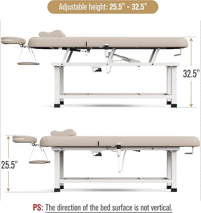 pouseayar Heavy Duty Electric Stationary Massage Table with Heating Function, Backrest Adjustable and Storage Space for Treatment/Medical Spa/Facial/Beauty/Massage Bed - 30 x 75 - Beige Gray