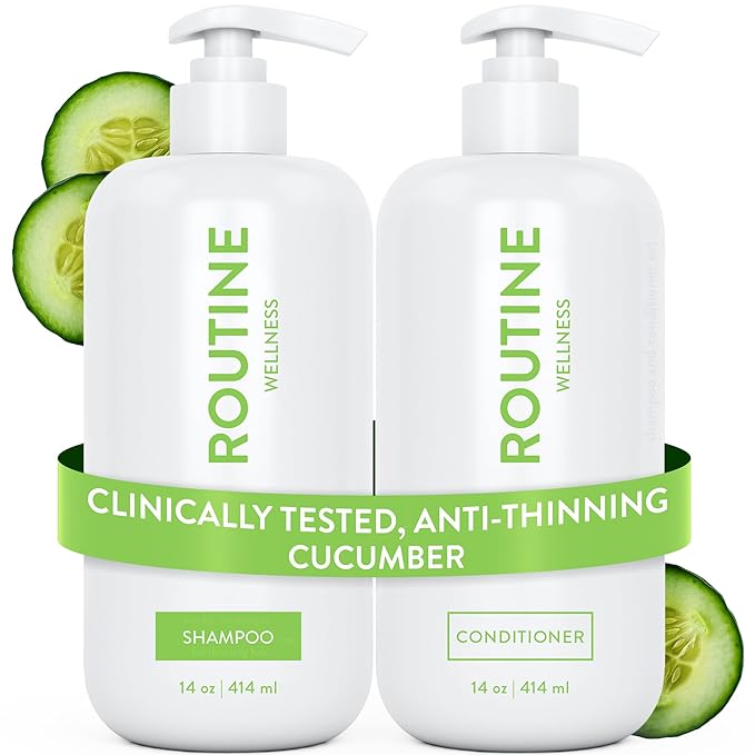 Routine Wellness Anti-Thinning Shampoo and Conditioner Set for Thinning Hair - Biotin DHT Blocker Women & Men - Color Safe Shampoo for Hair Loss & Healthier Hair - Cucumber (Pack of 2)