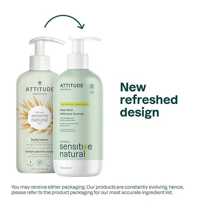 ATTITUDE Body Lotion for Sensitive Skin with Oat, EWG Verified, Dermatologically Tested, Vegan, Avocado Oil, 16 Fl Oz