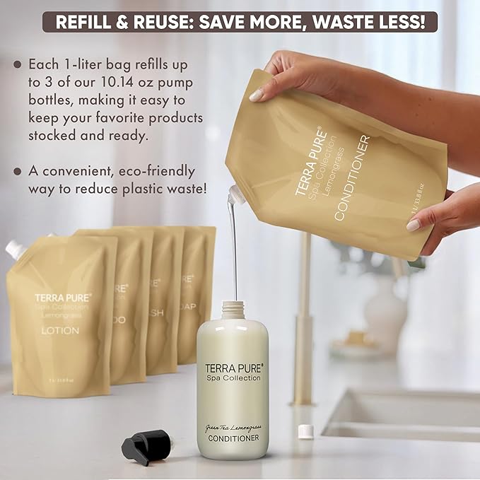 Terra Pure Spa Collection 1 Liter Conditioner Refill Bag For Soap Dispensers | Bulk Toiletries for Vacation Rentals, and Home Bathroom Showers | Green Tea Lemongrass | Set of 12