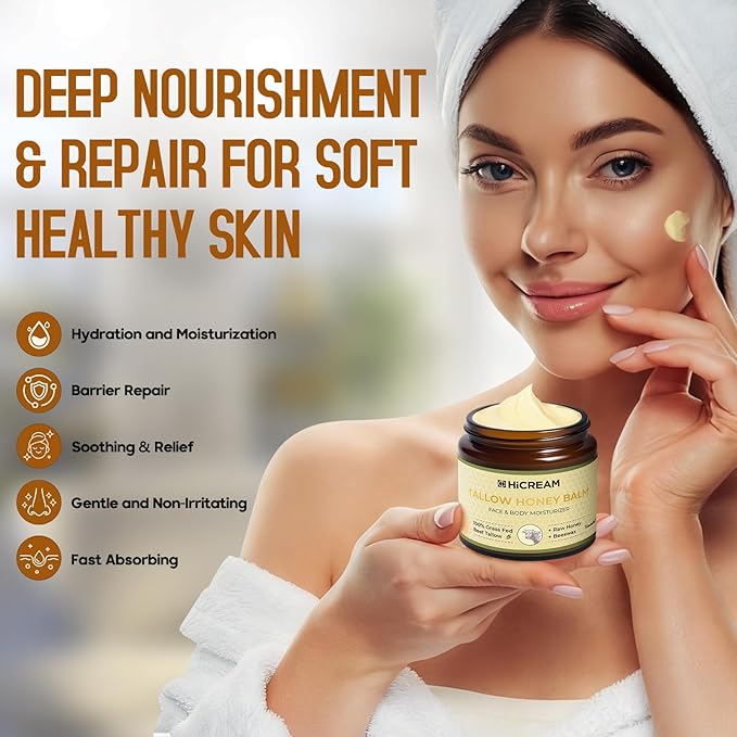 Beef Tallow for Skin, Beef Tallow and Honey Balm, 100% Organic Grass-Fed Beef Tallow Balm, Face & Body Moisturizer, Deeply Nourishment for Dry, Cracked, Sensitive Skin, Natural Formula (4 Oz)