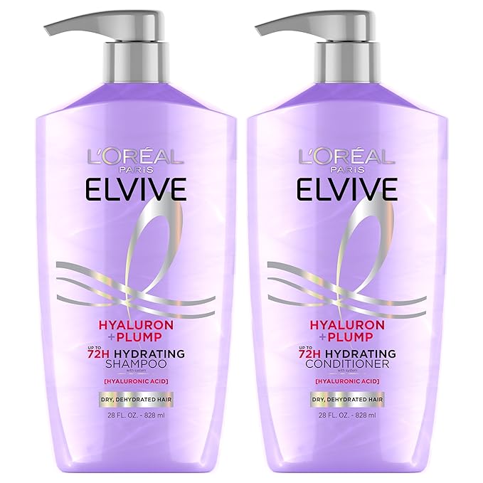 L'Oreal Paris Elvive Hyaluron Plump Shampoo and Conditioner Set for Dehydrated, Dry Hair with Hyaluronic Acid Care Complex, 1 Kit (2 Products)