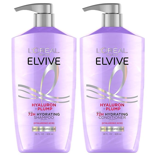 L'Oreal Paris Elvive Hyaluron Plump Shampoo and Conditioner Set for Dehydrated, Dry Hair with Hyaluronic Acid Care Complex, 1 Kit (2 Products)