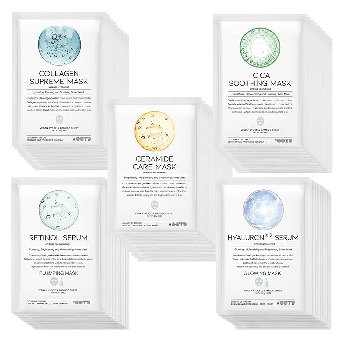 50Combo Korean Face Sheet Mask Gift Pack, Hydrating, Calming, Brightening, Smooting, Rejuvenating, EVE Vegan, Cica, Hyaluron, Retinol, Ceramide, Collagen