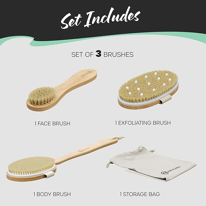 Nevlers Natural Boar Bristle Dry Brushing Set | 4-Piece Body Brush Kit for Exfoliating, Lymphatic Drainage & Circulation | Body Brush, Face Brush, Long-Handled Back Brush + Storage Bag