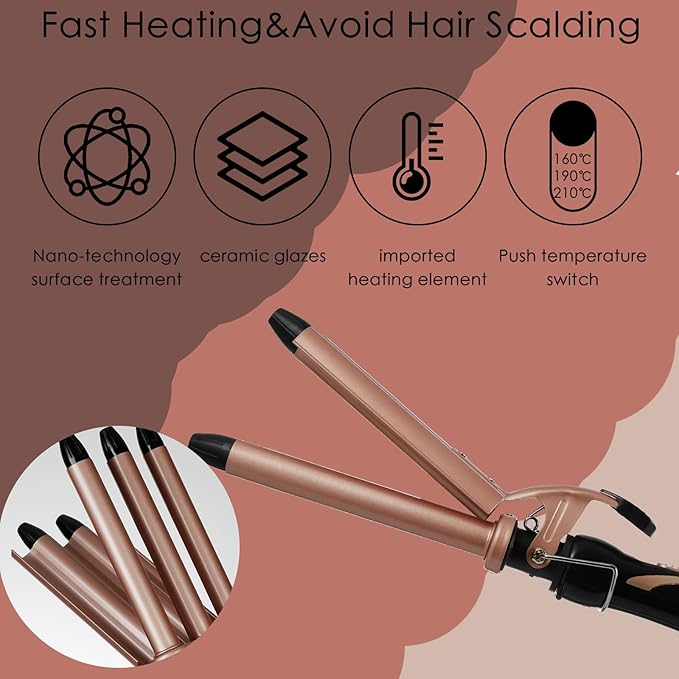 5 Barrel Hair Crimpers and Wavers, Fast Heat 15mm Portable Wand for Long Hair, Adjustable Two-Gear Temperature Wavy Curler (Gold)