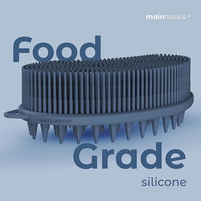 MainBasics Silicone Body Scrubber – Dual-Sided Shower & Scalp Scrubber, Gentle Silicone Loofah Alternative for Deep Clean (Dark Blue, Scalp)