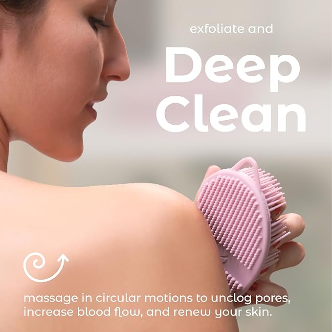 MainBasics Silicone Body Scrubber – Dual-Sided Shower Exfoliator for Men & Women, Gentle Silicone Loofah Alternative for Deep Clean (Pink, Exfoliate)