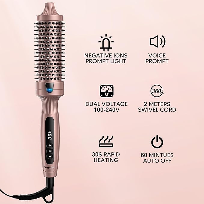 Terviiix Thermal Brush Get Voluminous Style, Quick Heating Hot Brush, Ceramic Tourmaline Ionic Heated Curling Iron, Digital Display 9 Temperatures Curling Wand, Dual Voltage, 1.5 Inch