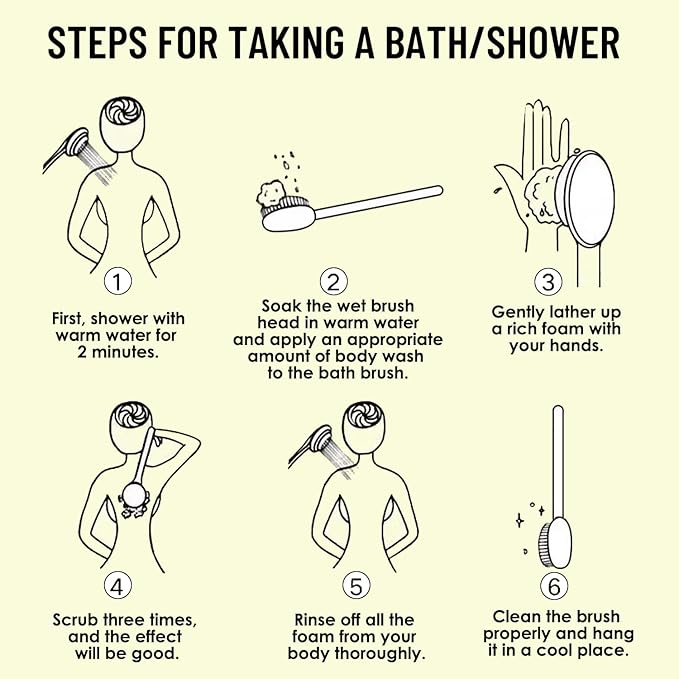 Long Handle Bath Body Brush, Back Scrubber with Soft Bristles for Exfoliating and Massage, Ergonomic, for Wet & Dry Use, Suitable for All Skin Types, 1 PCS, White