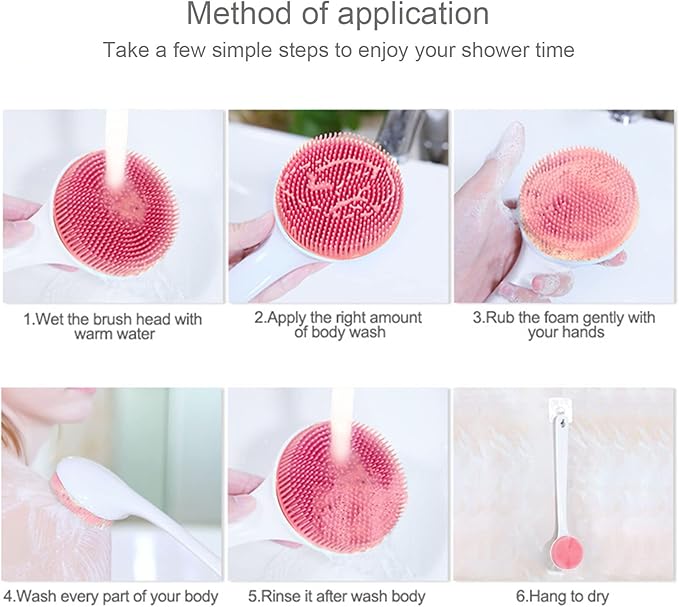 Silicone Back Scrubber for Shower, Back Washer Brush Long Handle with Soft Bristles, Bath Body Shower Exfoliator Brush for Men and Women, BPA Free, Non-Slip