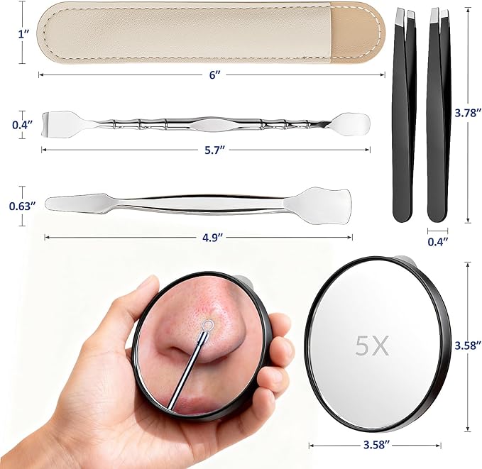 Blackhead Remover Pore Prep Tool Kit, 5PCS: 2× Blackhead Shovels, 2× Hair Tweezers, 1× 5X Mirror, Pimple Popper Tool, Stainless Pore Scraper, Comedone Extractor Tweezer Kit for Acne, Blemish (Black)
