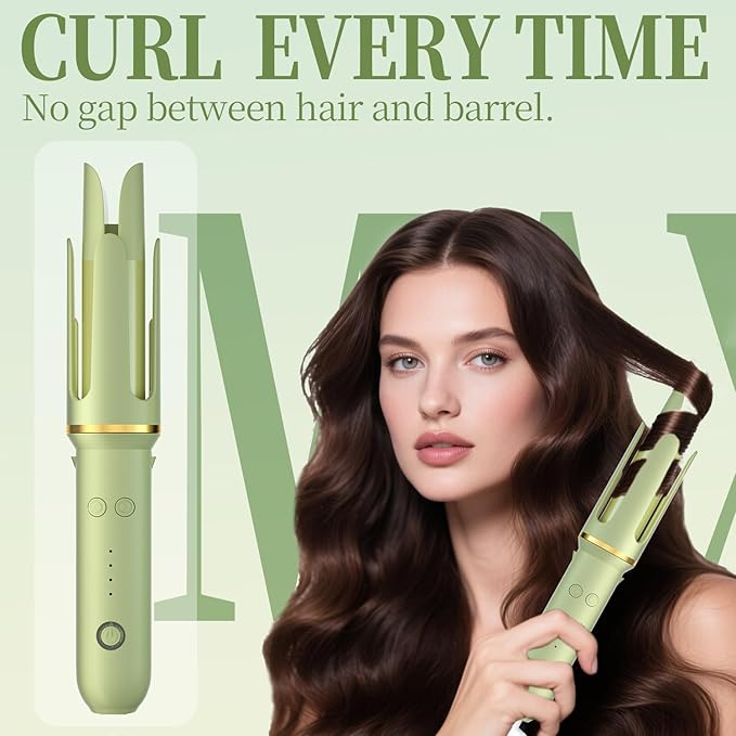 Automatic Curling Iron - Beach Waves Curling Wand with 4 Temperature, Portable Hair Curler Automatic Shut-Off, Anti-Scald, Anti-Tangle Rotating Curling Wand for Hair Styling, Elegant Green