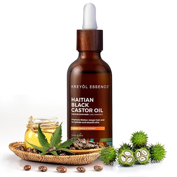 Kreyol Essence - Haitian Black Castor Oil for Skin and Hair, Glass Bottle - Cold Pressed, Hexane Free, Fuller-Looking Hair, Natural Humectant, Mango Papaya & Coconut, 3.4 Fl Oz