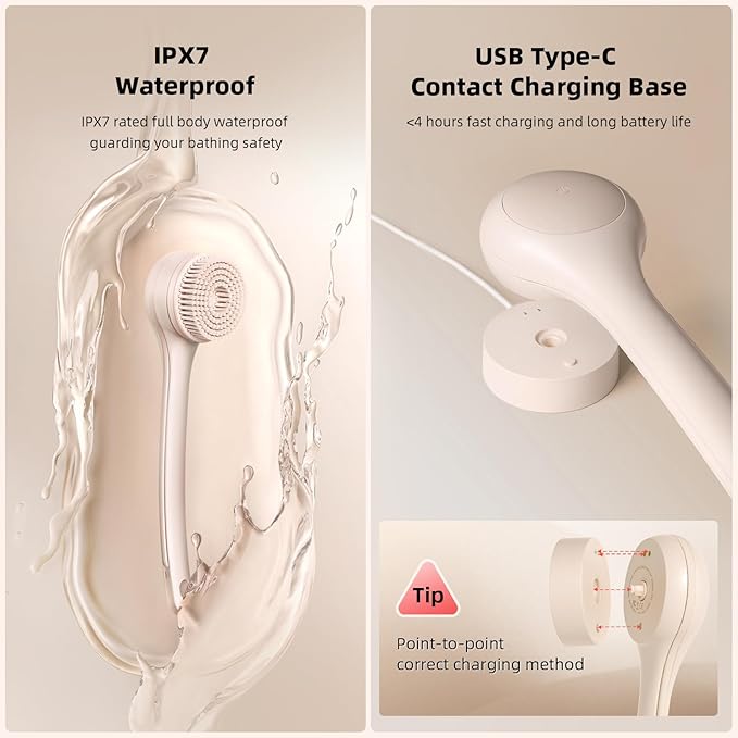 Electric Body Brush Back Scrubber for Shower, Waterproof Long Dual Handle Power Body Scrubber with 3 Heads, Rechargeable Bath Brush & 2 Speeds, for Cleansing, Exfoliating and Massaging Skin