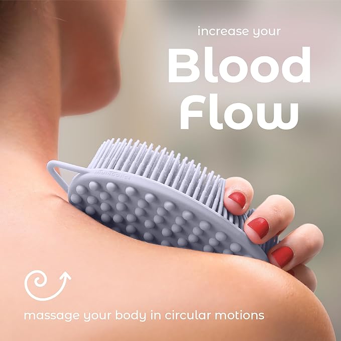 MainBasics Silicone Body Scrubber – Dual-Sided Shower Scrubber with Massage Nodes, Silicone Loofah Alternative for Deep Clean (Frosted Sky, Massage)