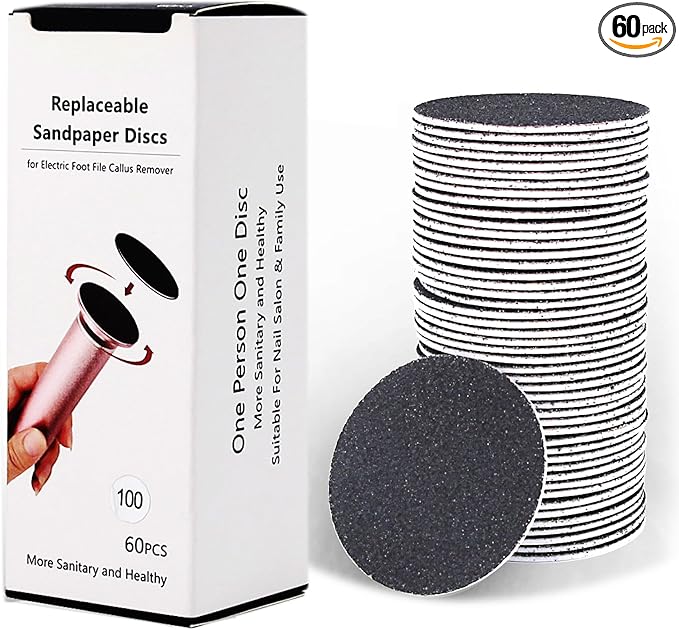 60pcs Replaceable Sandpaper Refill Discs for Electric Foot File Callus Remover Hard Dry Dead Skin Removal (Medium 100 Grit)