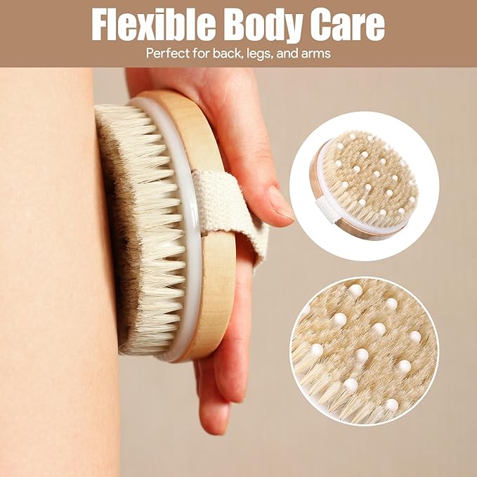 4PCS Dry Brushing Body Brush Set, Bamboo Dry Brush for Lymphatic Drainage Cellulite Exfoliating Body Face Treatment, Boar Bristle Face Cleansing Shower Back Scrubber Brushes