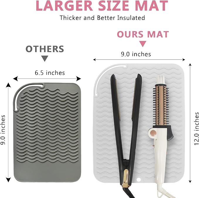 Larger Size Silicone Heat Resistant Mat for Curling Irons, Flat Irons, Hair Straightener and Other Hair Styling Tools, Portable Hot Tools Pad Cover for Travel Vanity Salon(12.0" x 9.0")
