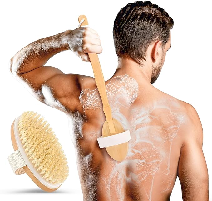 Back Scrubber for Shower - 20" Long Handle Shower Brush - Natural Bristle Back Brush - Ergonomic Handle + Silicone Anti-Slip Grip - Great Gift Idea - Men, Women + Elderly Love This (Firm Bristles)