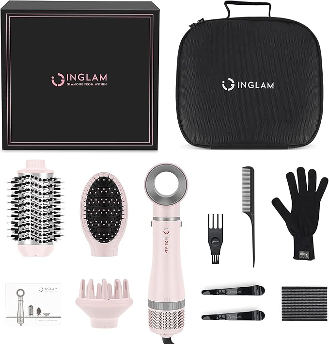 IG INGLAM 4 in 1 Blowout Hair Dryer Brush Set - Negative Ion Detachable Hair Dryer, Volumizer Styler with 2 Brush Heads, Pink