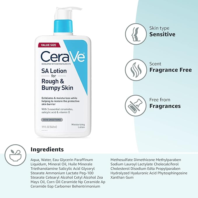 CeraVe SA Lotion for Rough & Bumpy Skin, Vitamin D, Hyaluronic Acid, Lactic Acid, Niacinamide & Salicylic Acid, Gentle Exfoliating Rough And Bumpy Skin Lotion, 19 Ounce