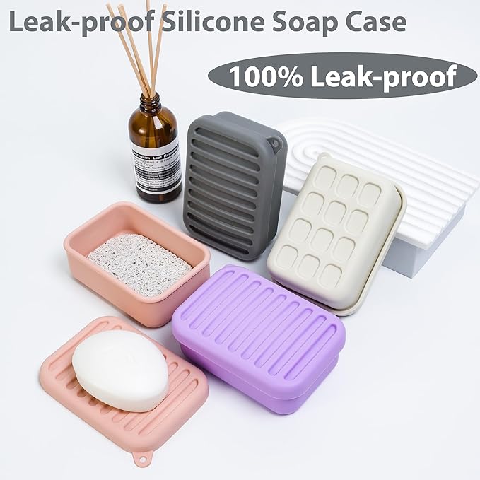 2PC Portable Leakproof Travel Soap Case, Silicone Travel Soap Case, Compact Soap Holder with Drainage Layer, Travel Soap Holder for Camping, Gym, Outdoor (Coral-Red&Deep-Gray)