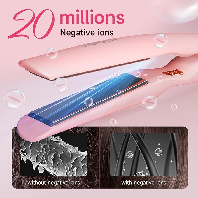 Flat Iron Hair Straightener 1 Inch Titanium - Fast Heating Pink Hair Straightener， Negative Ions Flat Iron 12 Temp (230°F-450°F), Auto Shut Off, Temp Memory & Dual Voltage for Smooth Silky Hair