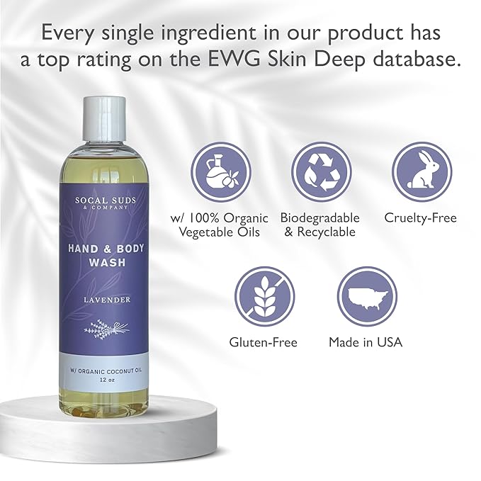 SoCal Suds & Company - 12oz Organic Soap Liquid, Gentle Hand & Body Wash, Organic Body Wash for Men and Women, Made w/Organic Oils & Coconut Oil, Bath Essentials for All Skin Types - Lavender