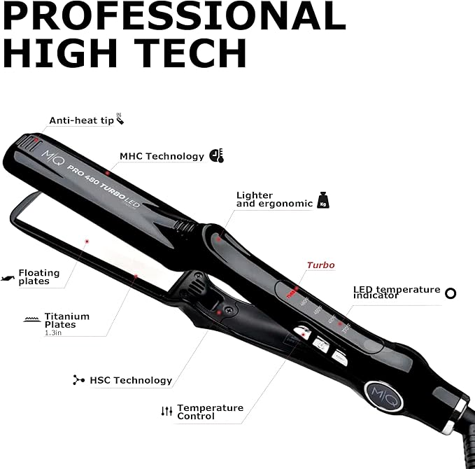 MQ Hair - Professional Titanium Flat Iron 480°F Turbo - Bivolt, Anatomic Design, Ultra-Smooth, Mirror Effect - 3 Passes Needed, Perfect Straightening - Heating Safe Control, Ionized Plates - Black
