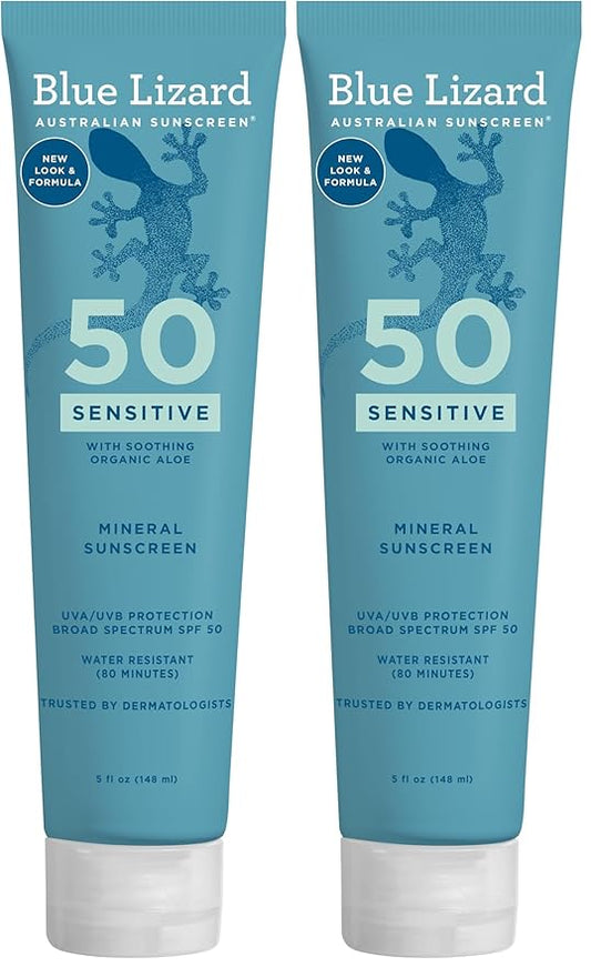 BLUE LIZARD Mineral Sunscreen, SPF 50+, Tube, Zinc Oxide | Water Resistant | Fragrance Free | For Sensitive Skin | 5 Fl Oz Pack of 2
