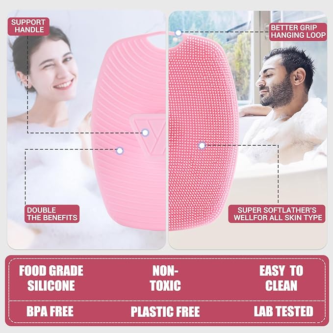 Silicone Body Scrubber - Anti Zinc Infused-Highly Elastic Bristles Exfoliating Body Scrubber for Shower Body,Cellulite Reduction,Blood Circulation - Pink