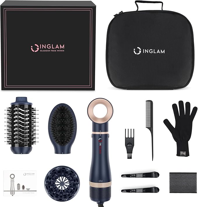Hair Dryer Brush Set, IG INGLAM 4 in 1 Blowout Brush, Negative Ion Detachable Hair Dryer & Styler Volumizer Hot Air Hair Dryer Brush with 2 Styling Brush Heads, Prussian Blue